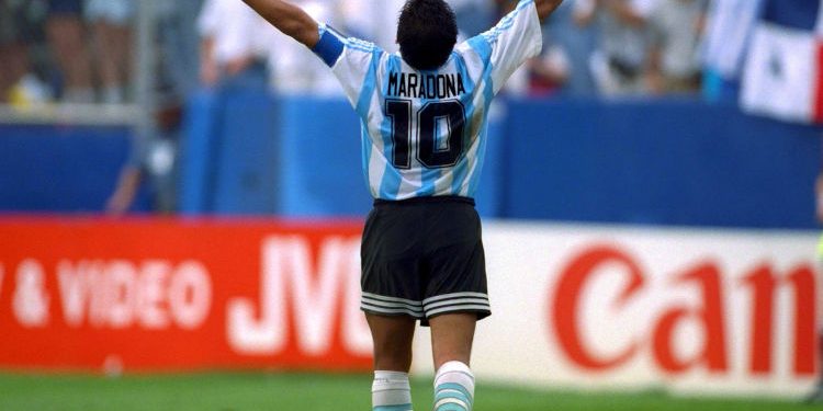 Football - 1994 FIFA World Cup - Group D - Argentina v Nigeria - Foxboro Stadium, Boston - 25/6/94  
Mandatory Credit : Action Images / Roy Beardsworth 
Argentina's Diego Maradona celebrates