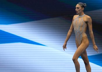 Evangelia Platanioti, of Greece, competes in the women's solo free of artistic swimming at the World Swimming Championships in Fukuoka, Japan, Monday, July 17, 2023. (AP Photo/Nick Didlick)