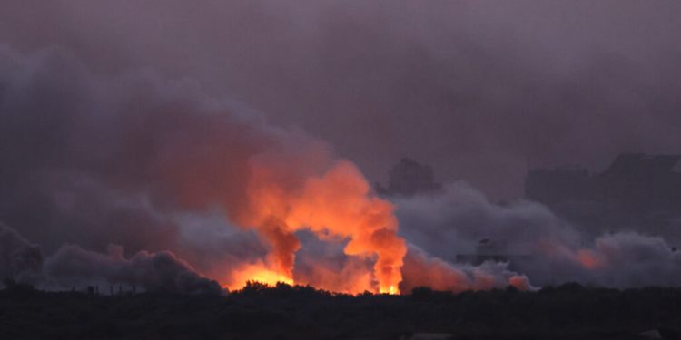 A picture taken from Israel's southern city of Sderot shows a fire erupting following Israeli shelling of the northern Gaza Strip, on October 29, 2023, amid ongoing battles between Israel and the Palestinian Hamas movement. (Photo by JACK GUEZ / AFP)