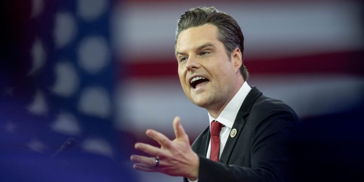 FILE - Rep. Matt Gaetz, R-Fla., speaks during the Conservative Political Action Conference, CPAC 2024, at the National Harbor, in Oxon Hill, Md., Feb. 23, 2024. (AP Photo/Alex Brandon, File)