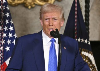 President Donald Trump speaks at Mar-a-Lago in Palm Beach, Fla., Tuesday, Feb. 18, 2025. (Pool via AP)