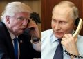 (COMBO) This combination of pictures created on March 18, 2025 shows President Donald Trump (L) on the phone on January 28, 2017 in Washington, and Russia's President Vladimir Putin (R) on the phone Moscow on December 27, 2023. The Kremlin said a highly-anticipated phone call between Vladimir Putin and Donald Trump will take place between 1300 GMT and 1500 GMT on March 18, 2025 and that the pair will discuss Ukraine and the "normalisation" of US-Russian ties. (Photo by Drew ANGERER and Gavriil GRIGOROV / various sources / AFP)