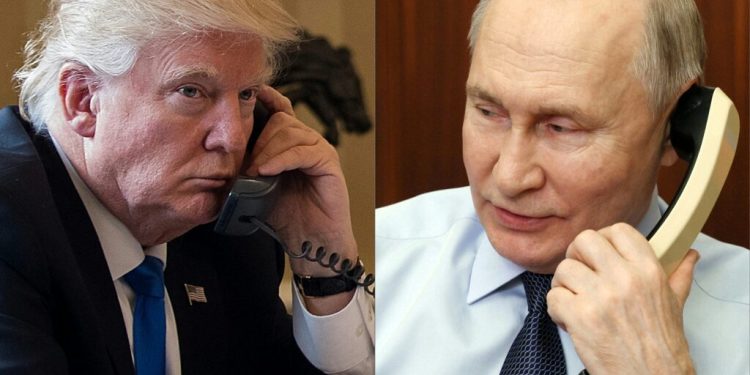 (COMBO) This combination of pictures created on March 18, 2025 shows President Donald Trump (L) on the phone on January 28, 2017 in Washington, and Russia's President Vladimir Putin (R) on the phone Moscow on December 27, 2023. The Kremlin said a highly-anticipated phone call between Vladimir Putin and Donald Trump will take place between 1300 GMT and 1500 GMT on March 18, 2025 and that the pair will discuss Ukraine and the "normalisation" of US-Russian ties. (Photo by Drew ANGERER and Gavriil GRIGOROV / various sources / AFP)