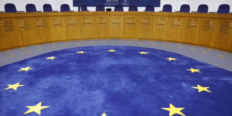 View of the European Court of Human Rights Tuesday, April 9, 2024 in Strasbourg, eastern France. (AP Photo/Jean-Francois Badias)